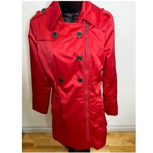 Guess Womens Double Breasted Trench Coat Front Zip Long Sleeve Size M Red